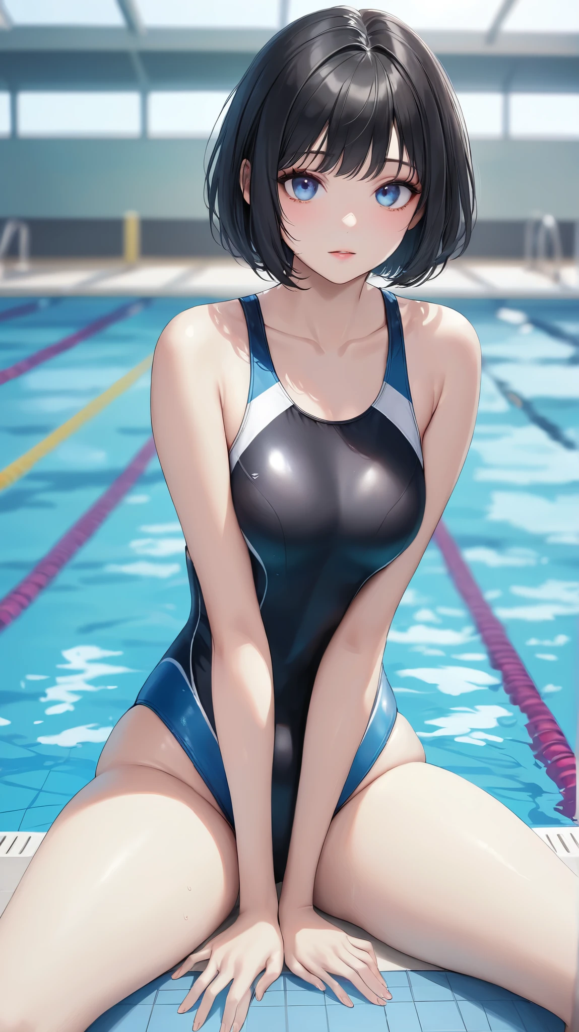 Highest quality, flying debris、Beautiful woman、Black Hair、(Dark blue eyes、Blunt bangs、Blunt bangs)、short hair,Full Body Shot、break(Swimsuit:1.2)、break(((Indoor Pool))),Big Breasts