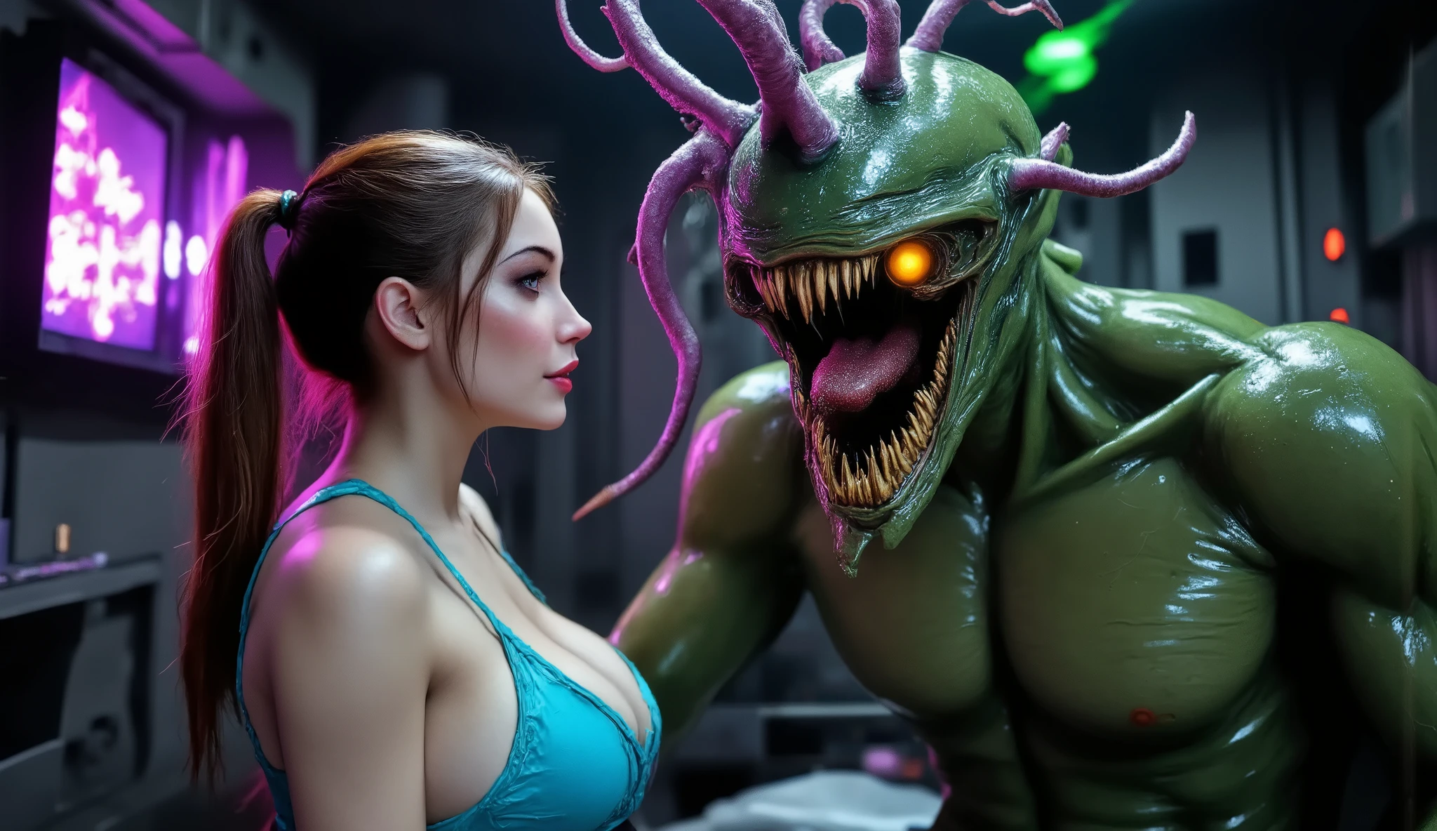 An alien monster doctor with viscous green skin, sharp teeth, bulging eyes and purple tentacles threatens a beautiful young woman (1 garota (((full body))), mesmerized expression, (((completely covered in green slime and covered in clothing with cyan slime: 1,8)))). The two characters are in a viscous tentacle chamber on an alien ship, (Best Quality, 4k, 8k, high resolution, obra-prima: 1,2), ultra-detailed, (realista, girl, girl: 1,37), highly detailed science-fiction scene , Cinematic lighting, dramatic camera angle, cores vibrantes, intricate textures, Supernatural atmosphere, surreal atmosphere, dark fantasy