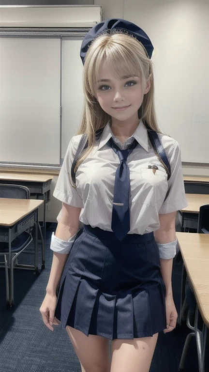 a very cute blonde 14yo girl, school uniform, looking at viewer, raw photo