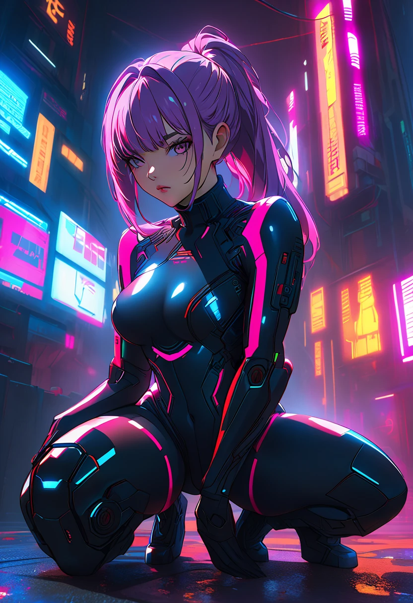 (best quality,highres:1.2),detailed purple-haired anime girl,isolated, vibrant synthwave aesthetic, neon lights, retro futuristic vibes, cyberpunk cityscape background, dreamy atmosphere, glossy sheen, glowing visage, dynamic pose, intense eyes, sleek and modern attire, captivating expression, energetic and lively, digital art style, vivid color palette, surreal and immersive, digital rendering, soft gradient lighting