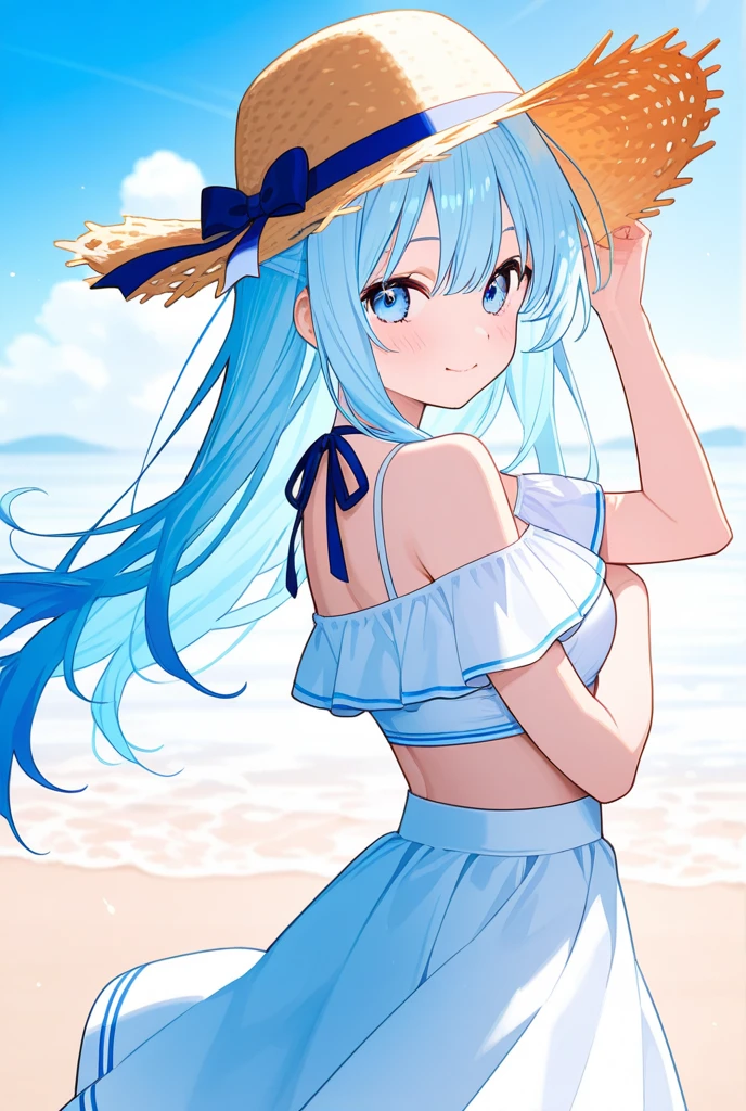 ((Masterpiece,Best quality)),beachside,1girll, Solo, Barefoot, Knees up, White color hair,Pick dyeing,purpleish color,Cute and touching personality,having fun,Straw Hat Hat,white dresses,Fluffy sleeves,Blue pattern,,Very long hair,full bodyesbian,Sunlight,Mottled vision day,Narrow waist,Slim legs