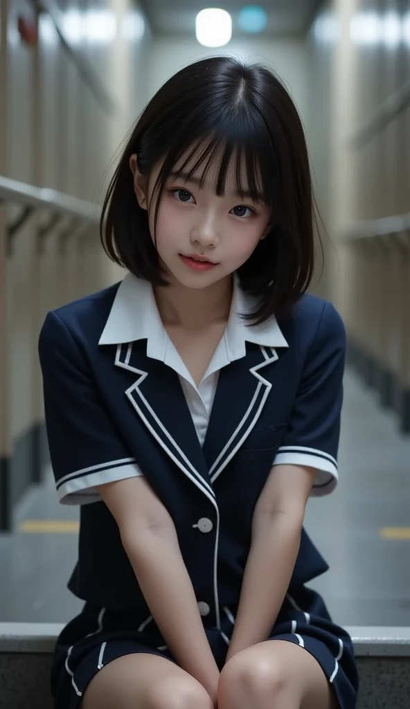 (((32k,high detal,high-detail、masterpiece,Attention to detail,full body Esbian,独奏))),Raw photo & realistic atmosphere,beautiful dark blue eyes,Detailed mouth,Glossy lips,Detailed eyebrows,Eyes drawn in detail with soft white skin that shines with every detail、azure eyes,Very beautiful eyes,Detailed lips、Very beautiful face,Very well-formed face、Lifelike face,shiny beautiful lips, Realistic Young Gravure Idol, very beautiful school girl, ,Moderately beautiful, Young Sensual Gravure Idol, Young Gravure Idol, Beautiful, Cute and sexy15 year old schoolgirl,the whole body is wet,dripped out,with a flushed face,Incredibly beautiful15-year-old girl,short-cut,Brown shiny hair,Hair is wet,Dripping water,dripping,Crouching on the stairs with your legs open,(Black pantyhose,Beautiful fece,Looking at the camera:1.4),(Cross your legs in black pantyhose,The chest of the uniform is open,darkness,Very dark,Pitch-black staircase without street lights,Illuminate the subject with a flashlight,spot light:1.7),(A sexy,Slightly chubby,High Detail Hi-Vision Hi-Vision Japan Hi-Vision Girl Uniform,well-shaped breasts,,Mature body, I'm anxious and about to cry,Moist eyes,cold smile,glareing,The glaring face is also beautiful:1.5),(Open your legs randomly:1.7)