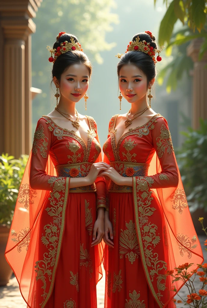 (((Two Chinese beauties)))、((Standing side by side))、21 years old、(Very heavy makeup:1.2)、(Slanted Eyes:1.3)、(long narrow eyes:1.3)、Shiny Hair、Glowing Skin、Very white skin、Jet Black Hair、Straight long hairstyle、Big eyes、Double eyelids、Luxury Chinese palace、(Standing in the palace corridor)、(Golden luxurious hair ornament)、(Patterned costume of a Chinese queen)、Luxurious and gorgeous、(huge breast:1.3)、(Exposed Skin:1.4)、(Smile with your mouth closed)、((The beautiful woman on the right is wearing a bright red outfit.))、((The beauty on the left is wearing a royal blue outfit.))
