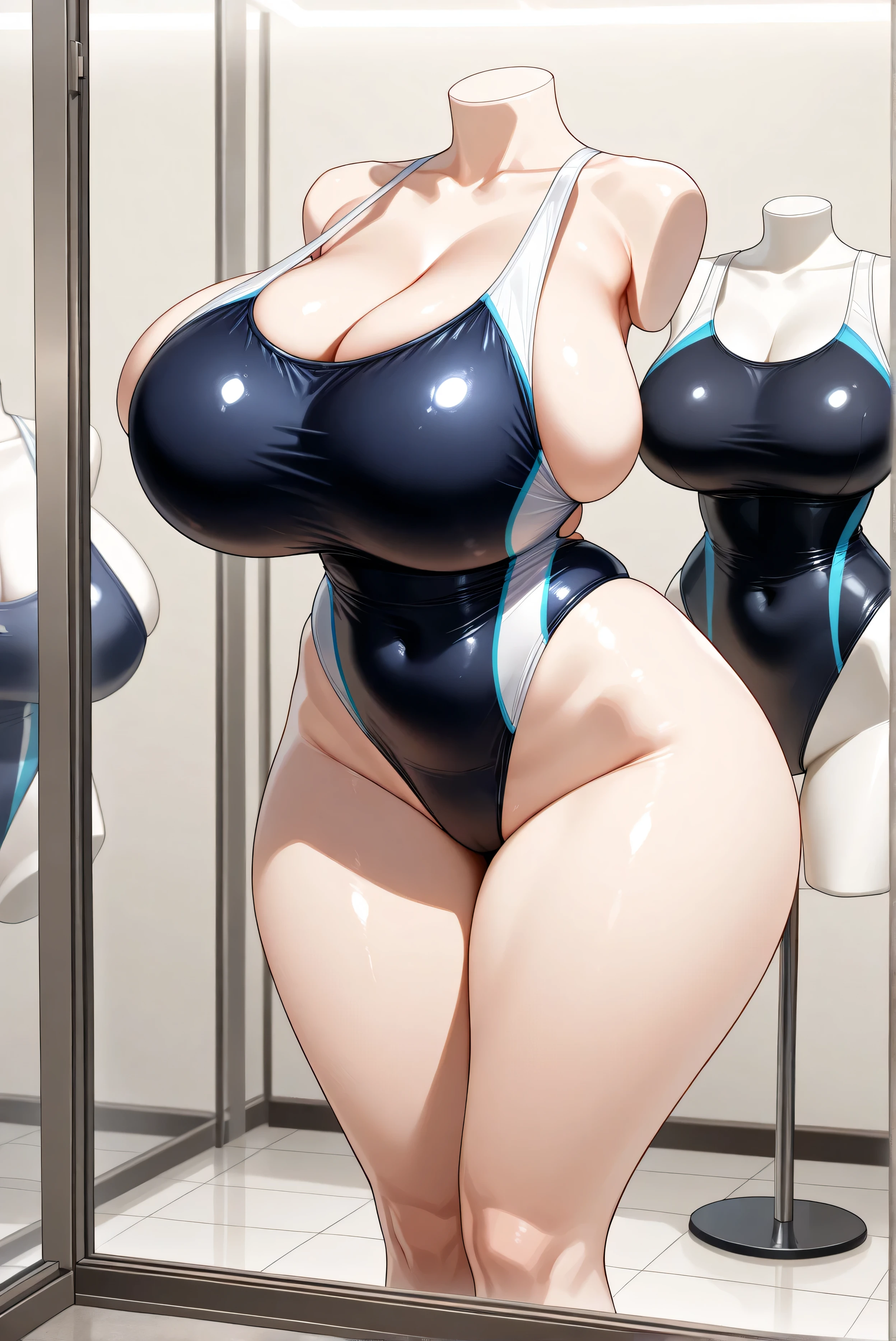 extremely detailed CG, super detailed skin, perfect anatomy, dynamic lighting, beautiful detailed eyes, (Photorealistic:1.4), Japanese Girls, (1 Girl), (milf :1.6), Black Hair, Long Hair, ponytail, Beautiful Eyes, Wide double eyelids, smile, (Huge breasts:1.3), (Curvy:1.4), (Glossy metallic white one-piece swimsuit, high leg:1.6), (sunny:1.2), Are standing、arms behind back、Hallway of the apartment、From below