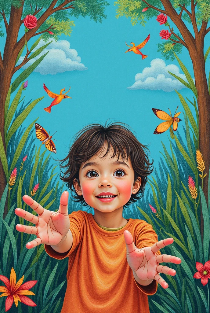 A boy flying with bird, parrots, peacocks, and other bords, brilliant collour, super details, rich colours