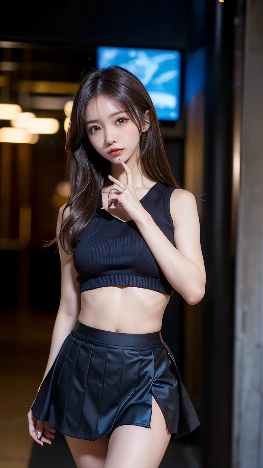 (Highest image quality, Highest image quality, Super A High Definition), (Raw photo, Realism 1.4), (flat chest), Fine skin, Fine face, Cute, AKB Girl, Girl in her 20s, Small breasts, Perfect Skin, thighs thighs thighs thighs, Longhaire, Side tail,Red hair, Brown eyes, Whole body, Physical education sitting,Legs in your own embrace、I can see the panties.、((Tank Tops)), ((Ultra mini skirt))、panties on、Black background, Smile,black backgrounds,Plaid pants