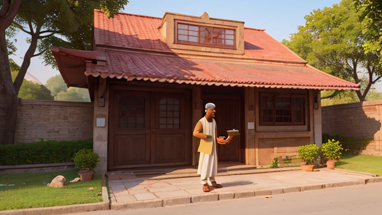 An exterior view of Sohan's large and attractive showroom in which Mohan is standing. There is an expression of surprise and happiness on Mohan's face.8k