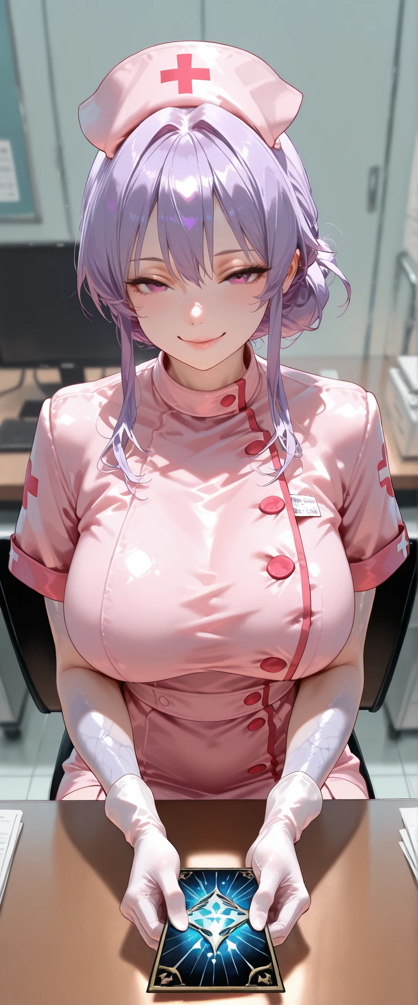 A female Nurse in Pink Nurse uniform,Sitting in office,Near the table,White Nurse Headdress,White short gloves,Pink Nurse Skirt,(Purple hair),Open Pose, seductive smile,Slim body,UHD, SOLO, anatomically correct, masterpiece, textured skin, high details, highres, 1080P, 16k, accurate,from above,(((Holding Tarct Cards in her hand)))