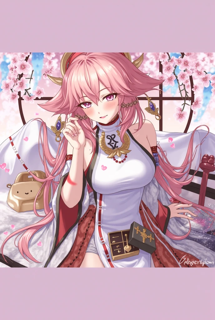 (Masterpiece, best quality: 1.2), traditional Chinese ink painting, pink hair, purple eyes, yae miko, couch