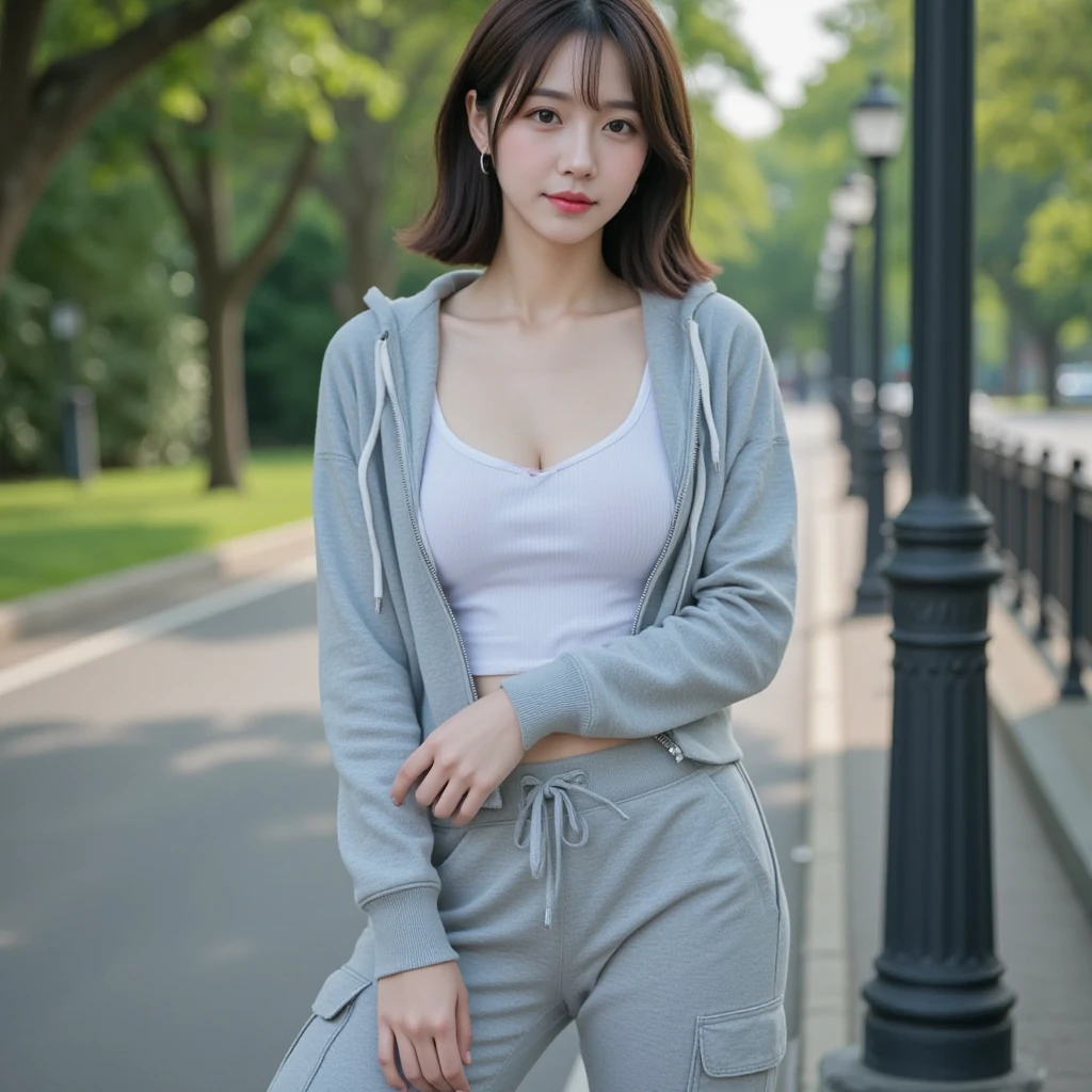1 Japanese beautiful girl,28yo girl, Super beautiful detailed face, (smile:1.4), earrings, (brown semi-long straight hair style:1.4, bangs),(front view), (medium shot), (chubby body), (neutral-colored large areola),(completely nude:1.3),(hairy pussy),nipples, Naked, BREAK, masterpiece, best quality, ultra quality, high quality, realistic, photo realistic, RAW photo, hyper detailed, intricate detaile,(sports gym:1.3),cinematic lighting,(picture above the knee), BREAK (naked hoodie:1.3),(wet skin:1.2),(((bottomless))),(wet hair:1.1),