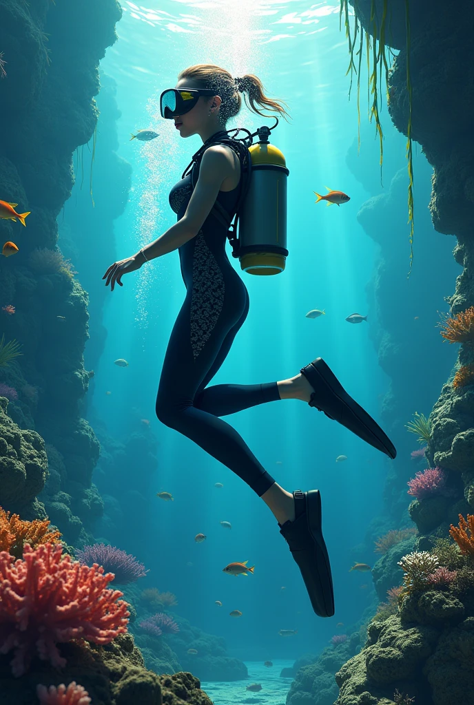 prompt: A woman with short hair wearing a snorkel, diving under the clear sea water. The sunlight reflects beautifully on the water's surface, creating a mesmerizing play of light and shadow. The woman's movement is graceful as she explores the underwater world. The typography in the scene conveys the message "HBD NING" in an artistic and calligraphy-like style. The letters are elegantly written, creating a sense of celebration and joy. The overall image quality is of the highest standard, with ultra-detailed textures and vibrant colors. The artwork has a realistic and photorealistic style, capturing the beauty and tranquility of the underwater realm. The lighting in the scene is carefully crafted to highlight the woman's silhouette and the underwater scenery, adding depth and dimension to the composition.