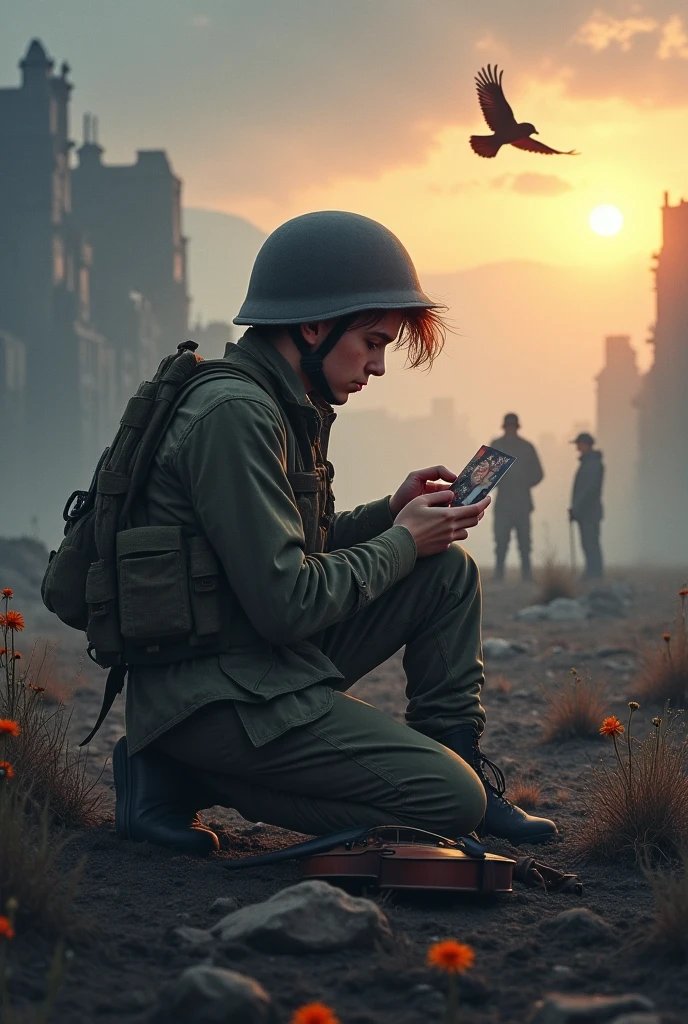 A war-torn battlefield at dawn, silent after the storm. A young soldier, no older than 18, kneels in the mud, clutching a photo of his family with trembling hands. Around him, the ruins of once-proud cities smolder under a cold, gray sky. A broken violin lies half-buried in the dirt. Crows circle above. In the background, ghostly silhouettes of fallen comrades fade into the mist — their faces peaceful, as if finally resting. The soldier’s eyes are red, not from anger, but from unbearable sorrow. A single wildflower blooms by his side, untouched by the destruction. War has taken everything… except his last shred of hope.
