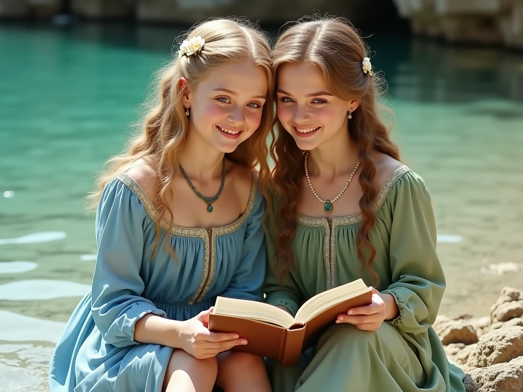 An image of the twins sitting together, one of them holding a history book, with dreamy expressions as if imagining themselves in different historical eras.8k,vibrant,realistic