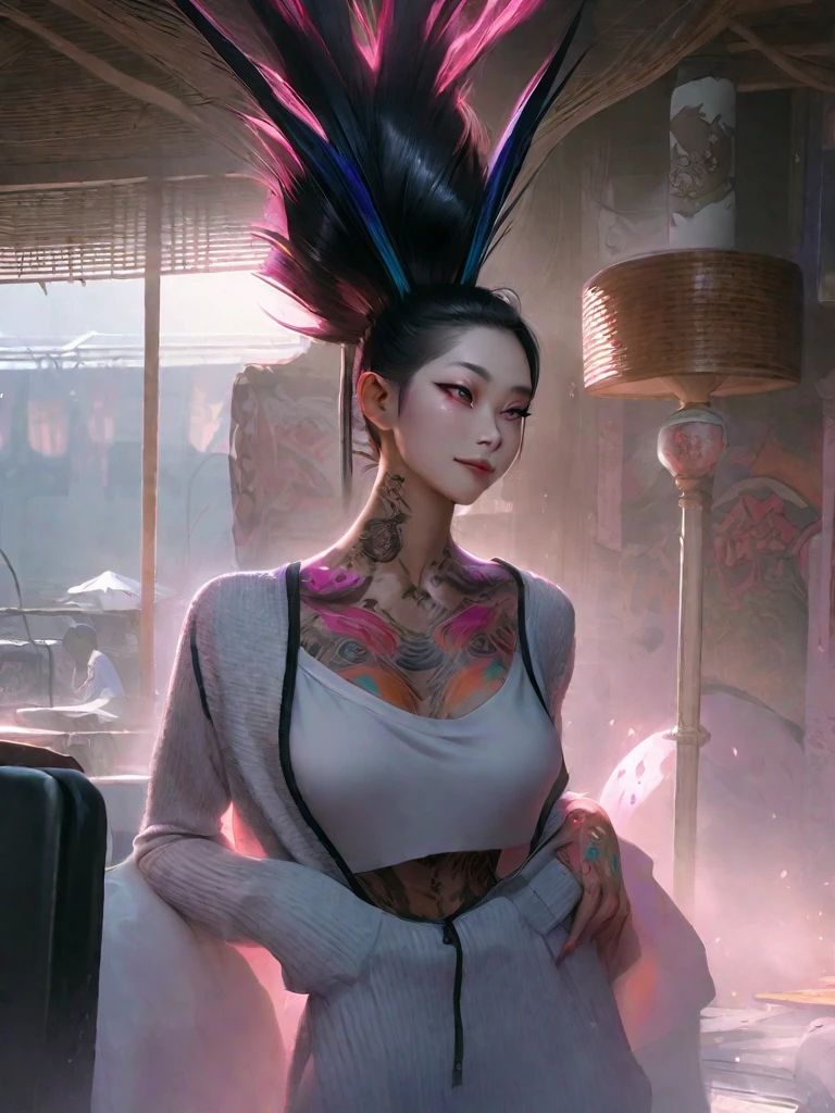 (((masterpiece)))、(((top-quality)))、((ultra-definition))、(High Definition CG Illustration)、((extremely delicate and beautiful))、Cyber City、Cinematic Light、tattooed、Body glitter、remodel、Girl with shearing hairstyle、Unconventional、2080s、animesque、Devilish girl、facepaint、face tattoos、trending on artstationh、Rachel Walker