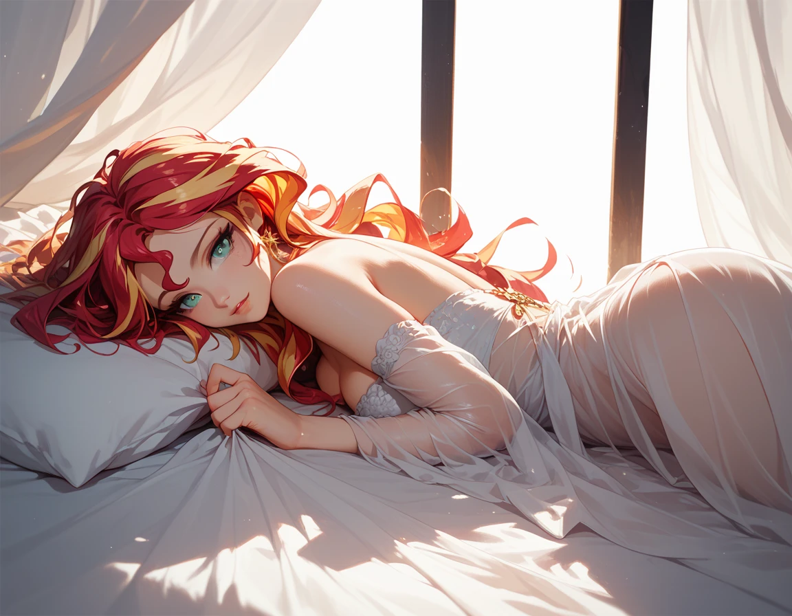 (masterpiece, best quality), photorealistic, cinematic, anime girl, 1 girl, full-body shot, head to toe visibility, perfect anatomy, curvaceous body, alluring, perfect eyes, ((lips slightly parted:1.5)), perfect hands, medium-sized breasts, round ass, long round legs, in peaceful slumber, ((the woman with fiery red hair sleeps serenely:1.5)), ((her hair cascades over the pillow:1.5)), adding a touch of warmth to the scene, she's adorned in a delicate nightgown, its fabric as red as the richest roses, a pattern of intricate golden vines dances across the fabric, intertwining like a secret garden, a plush blanket drapes gently over her, its hue a deep and calming burgundy, creating a soothing contrast with her vibrant hair, extremely detailed Artgem, ig model, artgem, alena aenami and artgem, krenz cushart and artgem, artgem and atey ghailan