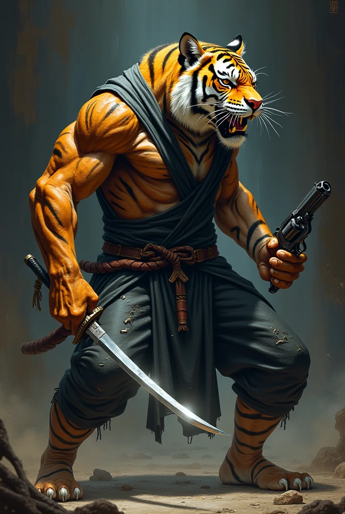 Make a muscular tiger with black pants and black boots with red, that he has fire axes