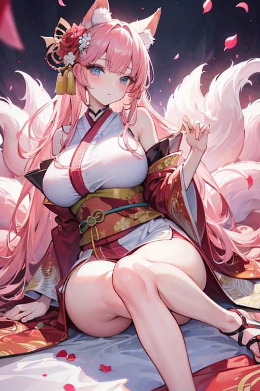 Alone kitsune, Female, fantasy race, large breasts, white bikini, pink long hair, fox ears, fox tail, open red kimono