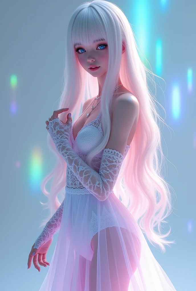 attractive , colored silk dress, shiny details, (white noise:1.4), (smoothly flowing details:1.2), aestetic body, medium tits, tied up fluffy hair, [pink | orange | red ] hair color, tatoo, neon figures in the background, light room, aesthetics, penetrating light, light through the mist, fog, haze, shadows, lighting effects, mysterious appearance, high contrast, detailed face, ultra detail, hyperrealism,