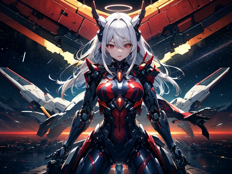 (masterpiece, Highest quality, Highest quality, beautifully、beautiful:1.2), (One beautiful woman:1.3), original, High resolution, small, Very detailed, Detailed Background, Cinema Lighting, shape, , Active Pause, (Japan Theme:1), Divinity, Light, Super Warrior, Hero,Warrior Armor, whole body, Android Seam, ((Amaterasu Oomikami,The Supreme God of Japan,Sun God,Blasphemy)),Shingard, destruction, ((1 Beauty,28-year-old beauty, alone, Perfect Face)), (静かなanger,anger),The most beautiful and sexy mecha warrior girl, Very detailedな未来的なメカバトルアーマーを着用, ,Ultra Future City, Absurd, High resolution, Very detailedな, (Perfect bodysuit,Armored Suit, Cyborg Girl,Hyper Gigantic Mechanical Arm,Dynamic pose), Nice hands, Perfect hands, Incredibly cinematic,(destructionが許可されたロボットを制御できる,Standing in front of a scary robot),Berserk,Legendary Sword,Holding a sword in one hand,Throw your sword at your opponent,