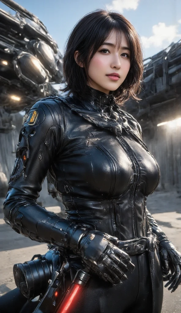 8k,Highly detailed illustration, Ultra-high resolution, masterpiece, Highest quality, Super Beauty,Skin with perfect radiance, Perfect lighting, Detailed lighting, Dramatic Shadows, Ray Tracing, 1 beautiful Caucasian woman, Looking at the audience, Very large breasts, Beautifully detailed hazel eyes, Sharp Face, Clear Eyes, Red lips, Long Bangs, Short Curly Hair, blonde, ((Cyberpunk Dark City)), Upper Body, Combat Uniform, Military Harness, ,masterpiece,Highest qualityのフォトリアリスティックなRAW写真。Bright colors,Rich colors, Backlight, Cinema Lighting, Film Grain,  50mm lens, Nikon D850,Detailed character art,Fantasy art,Ultra-high resolution,Ultra-Realistic Skin,Perfect hand shape,ダイナックなFightingポーズ,Knife action,Metal Armor,Fighting,Action pose,Bend Down,