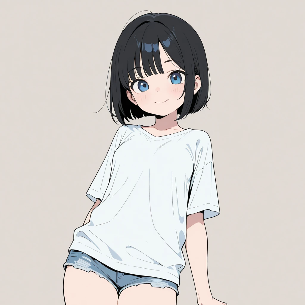 masterpiece,Highest quality,One girl,alone,Shorts,short hair,From below,null,cloud,denim Shorts,Black Hair,Day,denim,Iris,smile,cut off,Put your arms behind your back,blue Shorts,short Shorts,Exposing shoulders,blue null,
