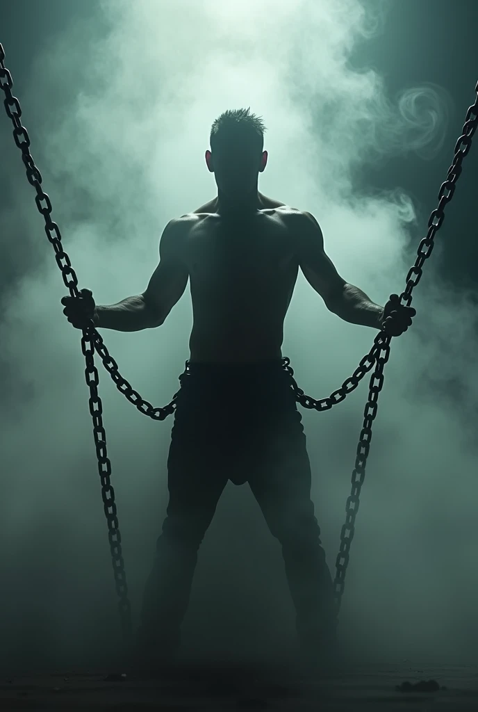 Create a social media profile picture of a man with an aesthetic physique, positioned on his back and shirtless. The environment must have low lighting, almost dark, to create an atmosphere of mystery and intensity. The character must be on his knees with his arms up and his back to the viewer., breaking a chain coming from the ground in half with his hands, conveying a sense of strength and determination. He must have a firm stance, with a serious and cold expression, without your face being visible. Use a dark color palette, predominantly black and gray, to emphasize the dramatic tone of the scen.Wolf