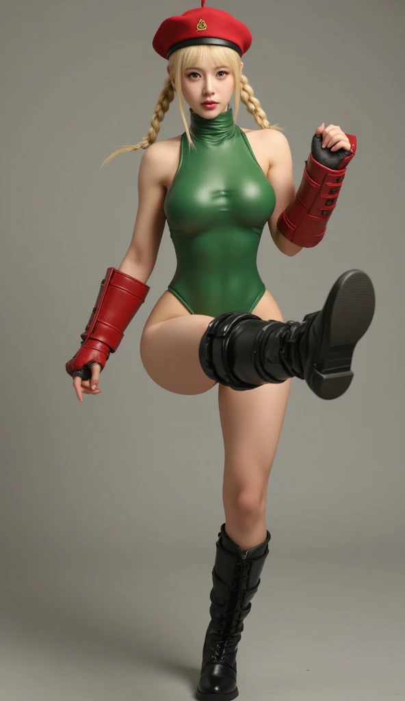 ​masterpiece, top-quality, realisitic, a picture, White shorts、Highkick、Panchira、Beautiful panties、photorealisim, ultra-detailliert, Beautiful camel toe、Leather miniskirt、White panty、Beautiful navel、Beautiful arms、poneyTail、a choker、highleg bikini、Spider-Man Pose Crouch、Open legs,The costume is divided into upper and lower、A sexy、Green Stock、perfect bodies, A detailed eye, beautiful a girl, (Gwen Stacy), spiderwoman, spider costume, pose for photo