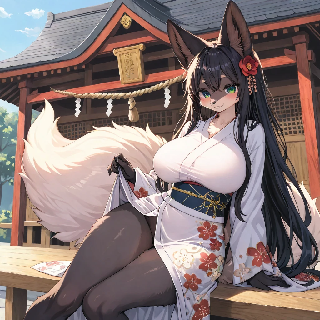 masterpiece, high quality, 1 girl, yellow eyes, like々New, black hair, long hair, kimono, sitting, (white tail:1.5), cute, playful, figure, vivi color,