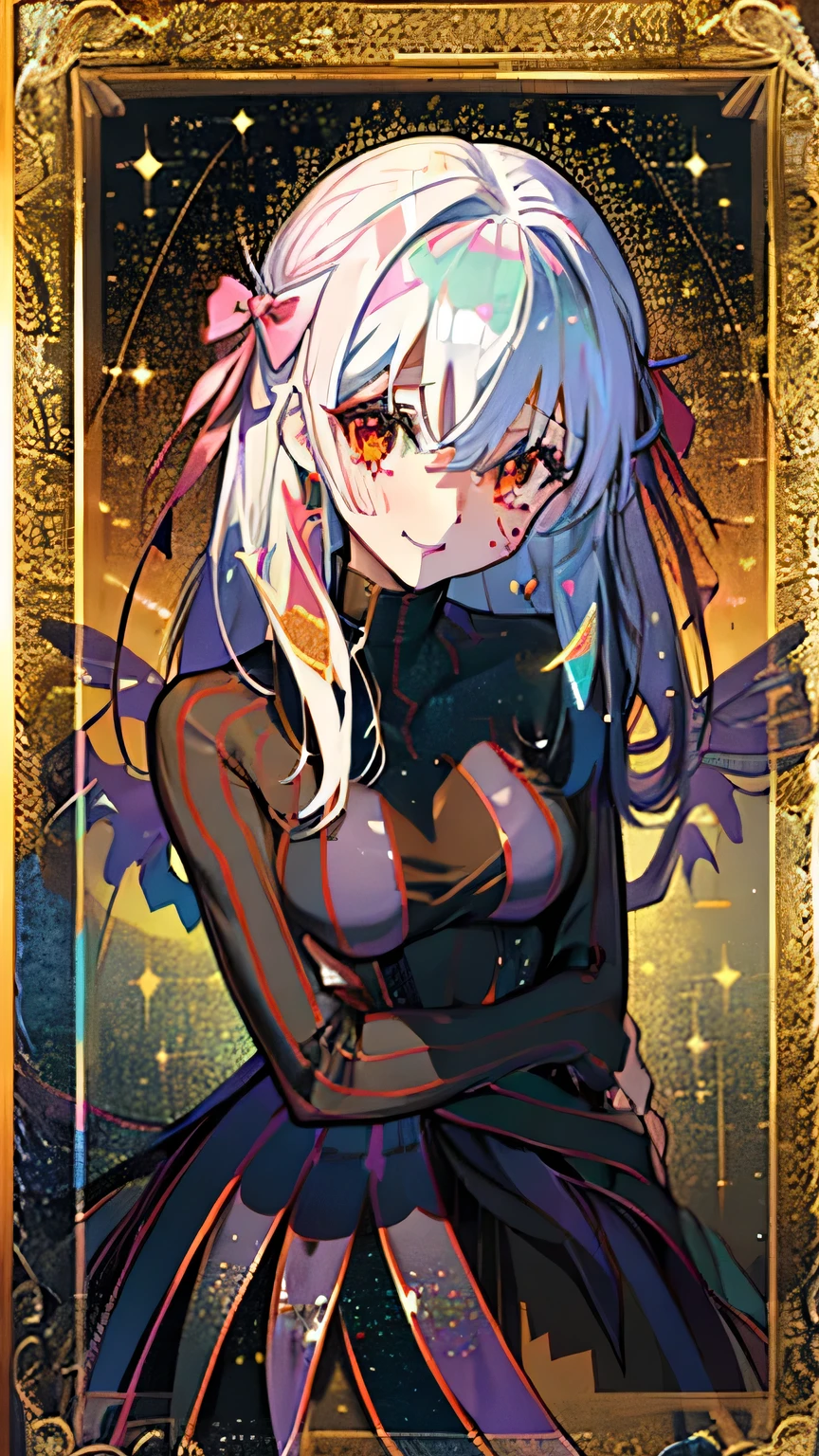 (Highest quality:1.2), 1 girl, Vibrant colors, Dreamy lighting, detailed floral background, Wicked Smile, alone, ponytail, Star-shaped hairpin, Black feather hairpin, nail art