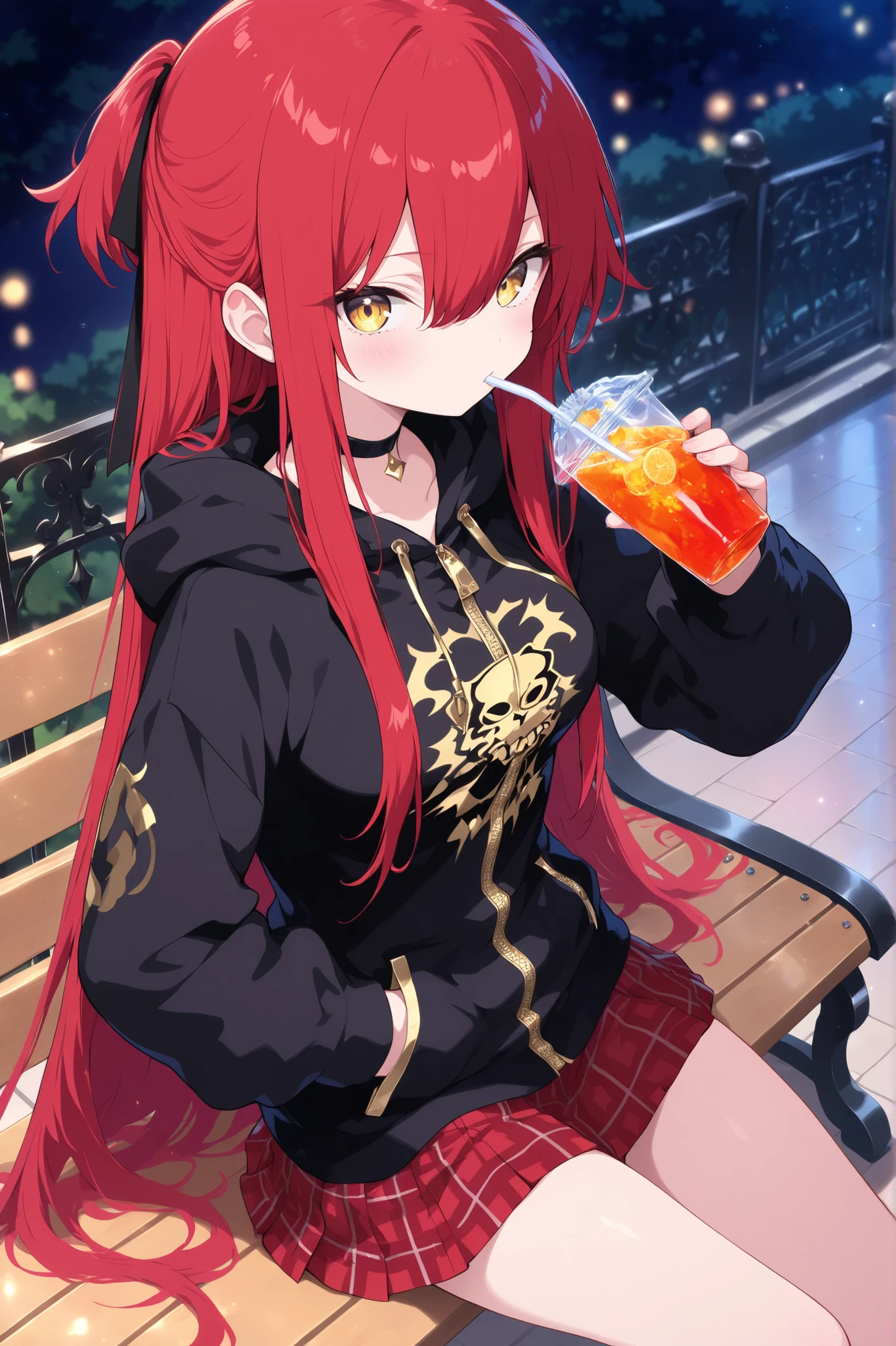 1 girl , golden eyes , very long hair , long sidelocks, red hair ,half updo, petite , very cute , beautiful ,Straight hair, cool, handsome, hair between eyes, sexy, medium breasts , drinking, print hoodie, black hoodie, hood down, black choker, zipper, long sleeves, black sleeves, pleated skirt, red skirt, plaid skirt, miniskirt, hand in pocket, drinking straw, sitting, on bench, pavement, tile floor, fence, looking at viewer, cowboy shot, outdoors, night, (intricate details:1.2), (masterpiece:1.2), (best quality:1.2), (very aesthetic:1.2), (absurdres:1.2), (detailed background), ray tracing, vibrant colors, depth of field, cinematic lighting, sharp focus, action shot, (Extremely Detailed 16K CG), perfect hands,