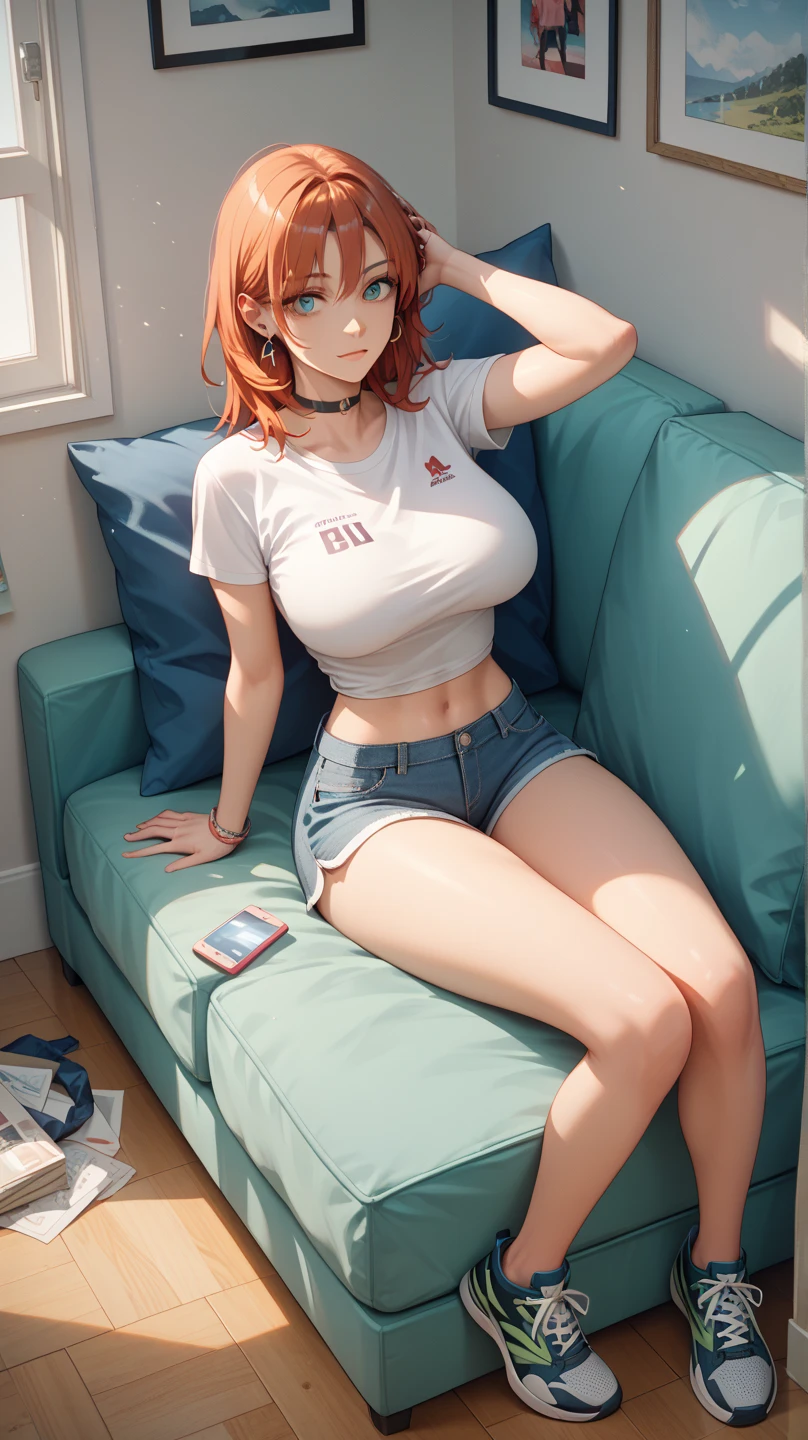 (ultra realistic, girl, short purple hair , angry smile , headphones, sitting, slumped in an armchair, in a futuristic cabin, surrounded by monitors, and olographic screens , view from above, green lights, flat chest, pre-adolescent. She looks with smug , bra , mini-skirt, visible panties. open legs, 1girl, intricate details, light brown hair, tight shirt, bigbreast, 3-braided hair, visible shoulder, midriff, sitting on a couch, hands on hip, light blush, windows, indoors, (masterpiece:1.2), (best quality:1.2), (ultra-detailed:1.2), (detailed eyes:1.2), shine colorful, AddXL, masterpiece, best quality, ultra-detailed, illustration, beautiful detailed eyes, 1girl, detailed scenery, socks over pantyhose, ponytail hair, sunset, big eyes, bow, underboob shirtskirt, shirtskirt, ((masterpiece, best quality1.5)), ((masterpiece1.5)), ((best quality1.5)), (ultra-detailed1.5), highly detailed, brown, bigbreasts, ponytail hair, hair between eyes, hair ribbon, croptop shirt, visible shoulder, light blush, wind blows, socks, highleg, on a table, masterpiece, ((best quality)), ultra-detailed, illustration, beautiful detailed eyes, 1girl, detailed scenery, tropical island, sunny, ((camisole)), off shoulder, blush, embarrassed, crop shirt underboob, crop top, crop topunderboob, underboob, winter clothes, short sleeves, short hair, 1girl, light particles, more prism, vibrant color, crop shirt underboob, crop top, crop topunderboob, underboob, masterpiece, best quality, ultra-detailed, illustration, beautiful detailed eyes, 1girl, cute, detailed scenery, dark bar background, platinum red hair, braided ponytail, red camisole, d-cup chest, underboob, shirt, chichibukuro,