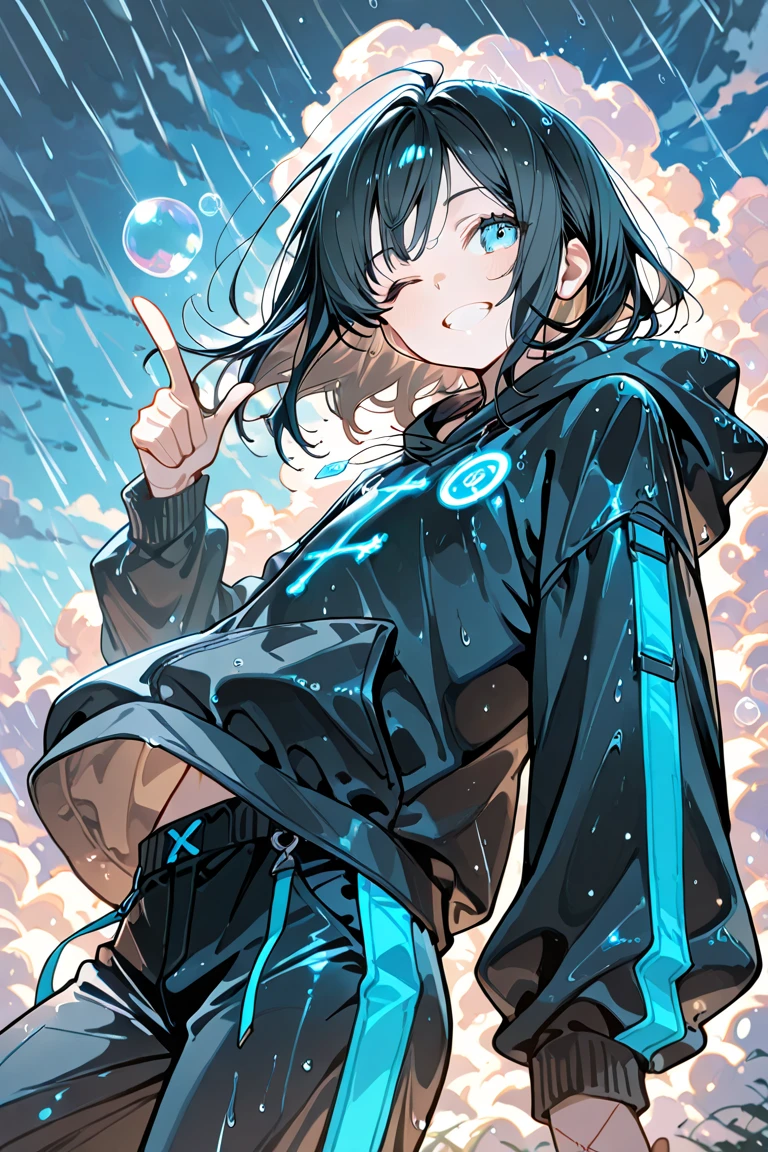 ((top-quality)), ((masterpiece)), ((ultra-detailliert)), (extremely delicate and beautiful), girl with, 独奏, cold attitude,((Black jacket)),She is very(relax)with the(Settled down)Looks,A dark-haired, depth of fields,evil smile,Bubble, under the water, Fantastical、Air bubble,bright light blue eyes,Inner color with black hair and light blue tips,Cold background,Bob Hair - Linear Art, shortpants、knee high socks、Camisole inner shirt、Hands in pockets