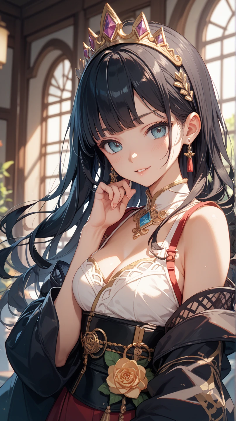 ((Best quality, 8k, Masterpiece :1.3)), 1girl, Pretty woman with emphasizing slender abs :1.3, (random hairstyles, Huge breasts :1.2), Casual outfit :1.2, Indoor, Ultra-detailed face, Detailed eyes, Double eyelid