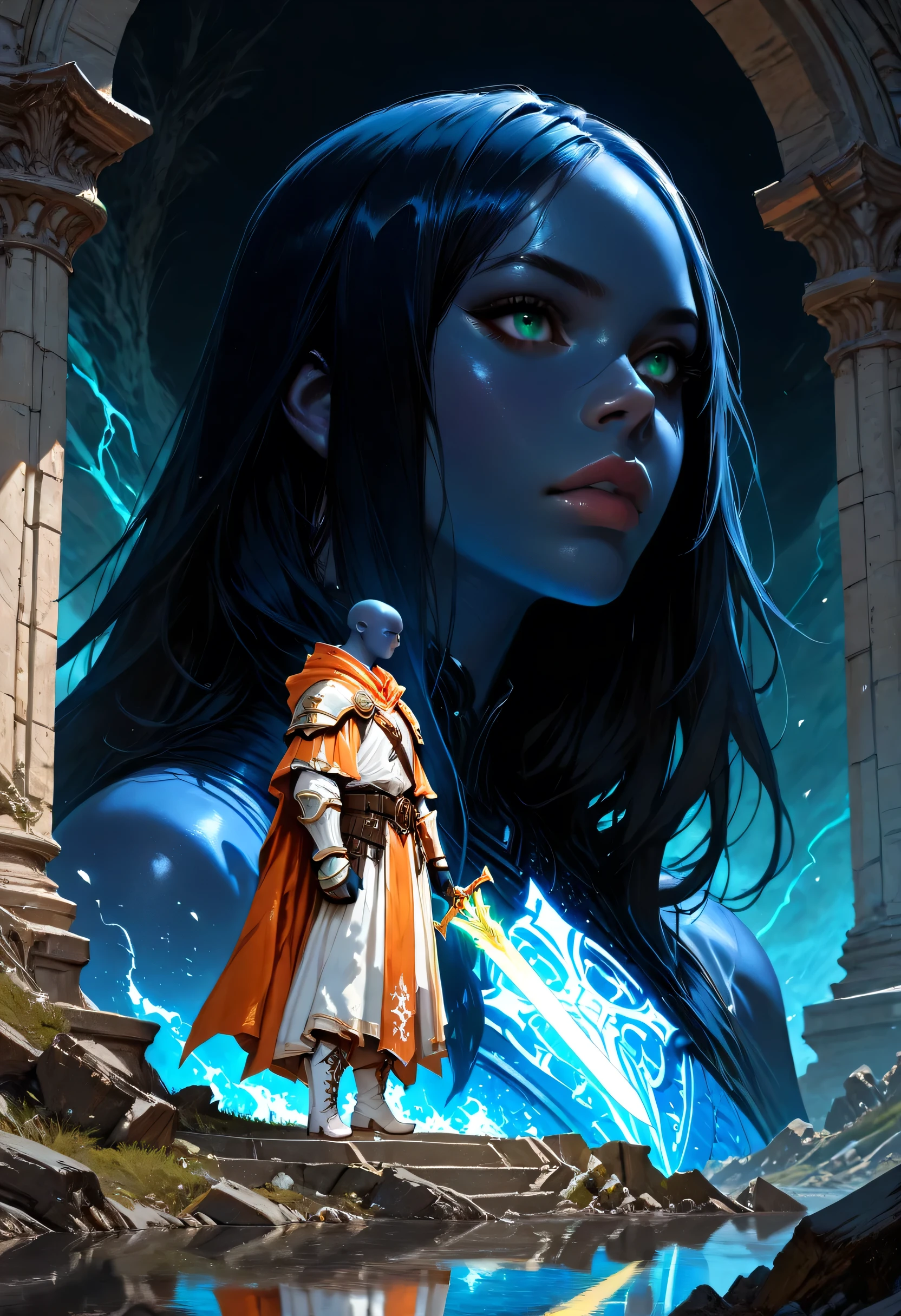 portrait of a female cleric ((dark blue skin: 1.5)), intense details facial details, exquisite beauty, cleric, (dark blue skin: 1.5)) female, ((bald)), (((no ears: 1.5))), (green eyes: 1.3), armed with a radiant sword, wearing (twilight priestly combat vestments: 1.5), wearing white armor, wearing high heeled laced boots, wearing white armor, wearing an (orange cloak:1.3), wearing glowing holy symbol, fantasy art, dnd art, RPG art, wide shot, (masterpiece: 1.4) intense details, highly detailed, photorealistic, best quality, highres, within fantasy temple background, reflection light, high details, best quality, 16k, [ultra detailed], masterpiece, best quality, (extremely detailed), close up, ultra wide shot, photorealistic, RAW, fantasy art, dnd art, fantasy art, realistic art,((best quality)), ((masterpiece)), (detailed), perfect face, fantasy, Cinematic Shot, 
