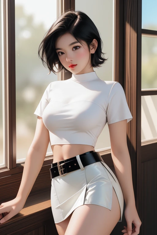 chica sexy, with tight white shirt, tight short shorts, short black hair, green eyes, Whole body.