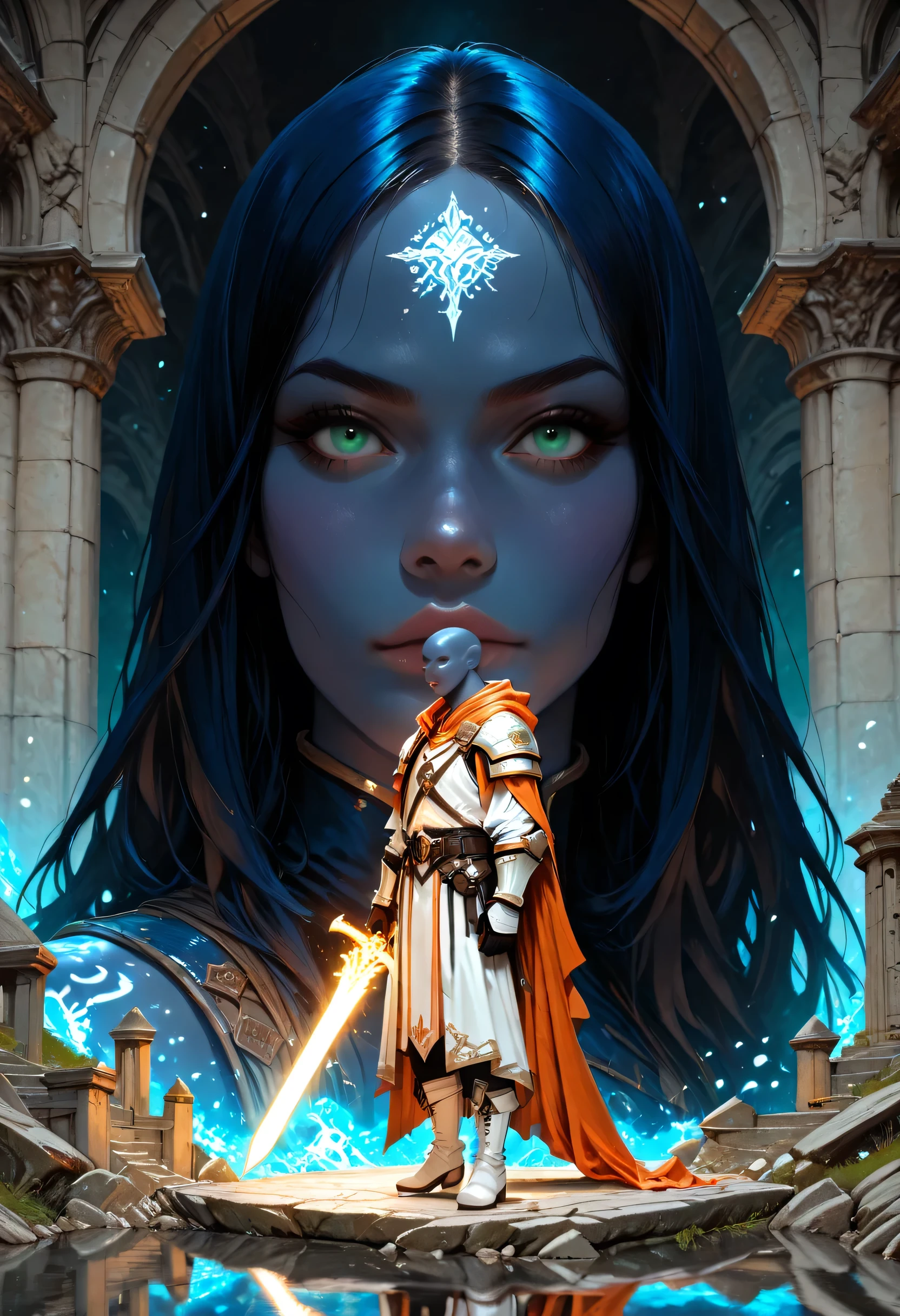 portrait of a female cleric ((dark blue skin: 1.5)), intense details facial details, exquisite beauty, cleric, (dark blue skin: 1.5)) female, ((bald)), (((no ears: 1.5))), (green eyes: 1.3), armed with a radiant sword, wearing (twilight priestly combat vestments: 1.5), wearing white armor, wearing high heeled laced boots, wearing white armor, wearing an (orange cloak:1.3), wearing glowing holy symbol, fantasy art, dnd art, RPG art, wide shot, (masterpiece: 1.4) intense details, highly detailed, photorealistic, best quality, highres, within fantasy temple background, reflection light, high details, best quality, 16k, [ultra detailed], masterpiece, best quality, (extremely detailed), close up, ultra wide shot, photorealistic, RAW, fantasy art, dnd art, fantasy art, realistic art,((best quality)), ((masterpiece)), (detailed), perfect face, fantasy, Cinematic Shot, 