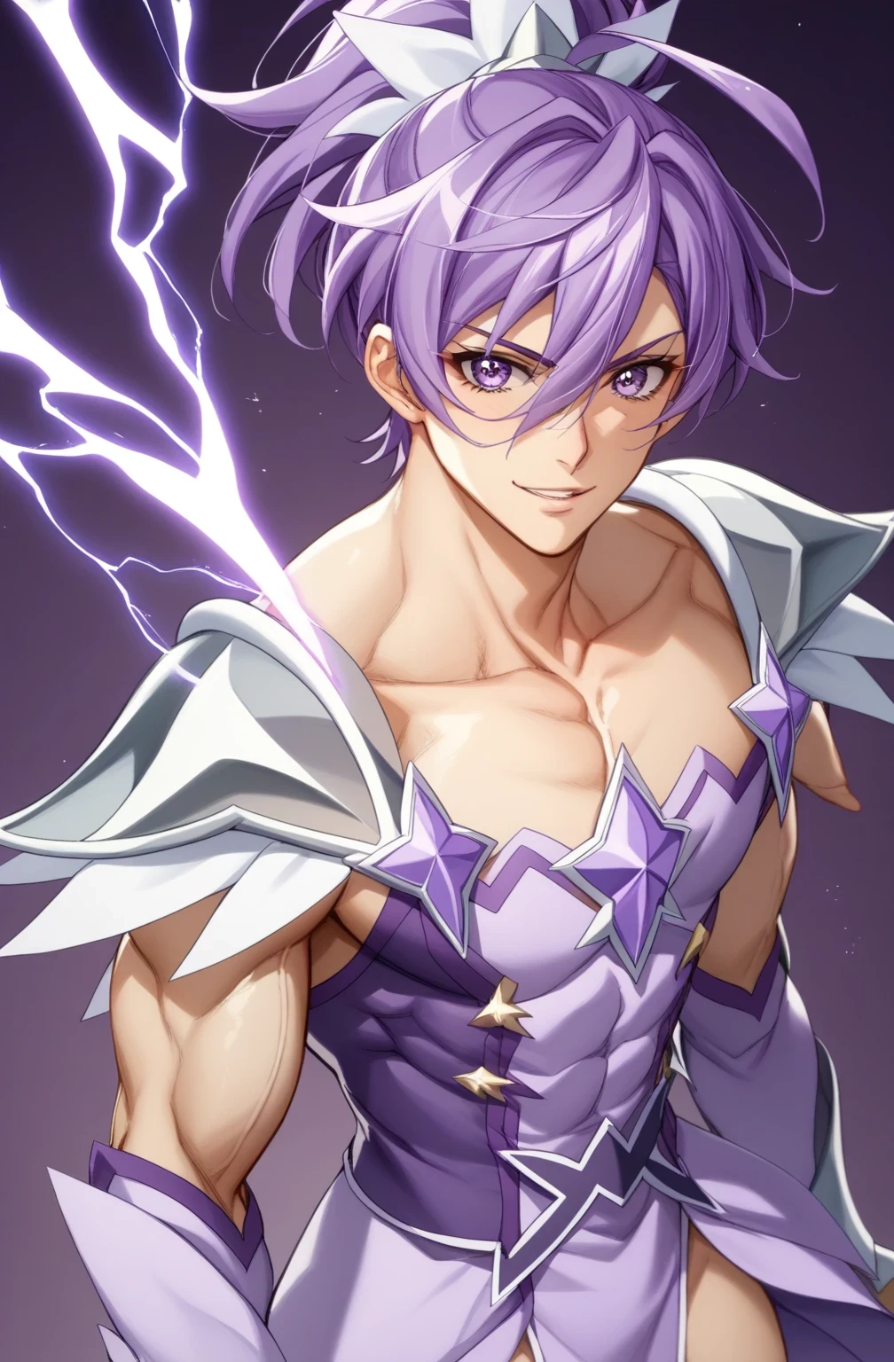 score 9 、score 8 up、score 7 up、source anime、masterpiece、Highest Quality、high resolution、anime coloring、1boy、cure sword、(male:1.5)、Boy with purple hair、high short ponytail hair、spade shape hair ornament、solo、portrait of Magic Boy、 Boy in a White and Purple Dress 、isolated、Long Legged 、Heavenly Aura、Lightning Aura、 White and Purple Miniskirt 、collarbone、white shoulder pads、Symmetrical shoulder pads、 purple arm warmers、purple detached sleeves、purple waist bow、Bare Thighs、purple thigh high boots、 Symphogear Flavor 、 Boy with Short Light Purple Hair 、 Prince of Amethysts 、Official Character Art、style of Magic Boy、masculinization、Magic Boy、 Anime Boy 、Official Art、high resolution、perfect outfit、sparkling Magic Boy、(manly:1.5)、With Sparkling Purple Eyes 、perfect body、trapezius、perfect hands、perfect arms、perfect legs、thigh muscles、semitendinosus muscles、covered hamstrings、covered adductor magnus muscles、 male focus、looking at viewer、solo focus、cowboy shot、(male body:1.5)、beefcake style、purple background、