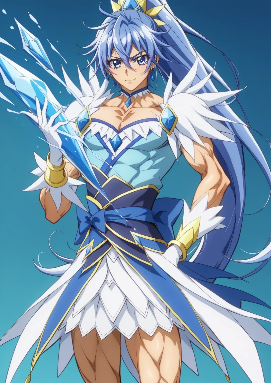 score 9 、score 8 up、score 7 up、source anime、masterpiece、Highest Quality、high resolution、anime coloring、1boy、cure diamond、(male:1.5)、 Boy with Blue Hair 、high long ponytail hair、dia shape hair ornament、solo、portrait of Magic Boy、 Boy in a White and Blue Dress 、isolated、Long Legged 、Heavenly Aura、Ice Aura、White and blue mini skirt、collarbone、white puffy sleeves、Symmetrical puffy sleeves、white gloves、yellow bracelet 、blue waist bow、Bare legs、Bare Thighs、white high heels、 Symphogear Flavor 、 Long Dark Blue Haired Boy 、 Prince of Sapphire 、Official Character Art、style of Magic Boy、masculinization、Magic Boy、 Anime Boy 、Official Art、high resolution、perfect outfit、sparkling Magic Boy、(manly:1.5)、 With Shining Blue Eyes 、perfect body、trapezius、perfect hands、perfect arms、perfect perfect legs、thigh muscles、semitendinosus muscles、hamstrings、adductor magnus muscles、 male focus、looking at viewer、solo focus、cowboy shot、(male body:1.5)、beefcake style、blue background、