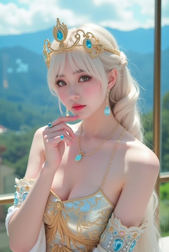 masterpiece，Highest image quality，Super details，best quality ,extremely delicate and beautiful, Very detailed,best quality, official art, Extremely detailed CG unified 8k wallpaper, Ana de Armas portrait photo, Blonde hair with black pupils，shiny skin,  (beautiful eyes:1.1), beautiful skin, big watery eyes，(detailed lighting:1.2), (Beautiful and detailed light:1.3),The noble goddess wearing the holy dress of the sea，Intricate Poseidon Cloth Details，Gorgeous and complex hollow ultra-thin goddess dress，Beautiful udder, The most perfect breast shape，firm breast，Deep cleavage，Naked of breast，complex, digital drawing, Smooth, sharp focus, end of the world, epic reality, (high dynamic range:1.4), (pastel colors:1.4), Revelation，Bright colors, screen space refraction, (intricate details, Super detailed:1.3), art station, lens, complex background, buliding，Beautiful smile，The most beautiful look，Dreamcatcher earrings，The best look，beautiful goddess，
