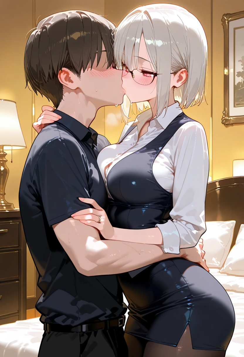 (Mother and little son:1.4), nsfw, Soft and dreamy light, Pale white light, Transparent, 1 female, ((Blonde:1.3), Pixie Cut, Fishtail, Her hair is tied with a red ribbon), Face in perfect detail, Perfectly detailed by hand, (Green Eyes), Parted bangs, (Large Breasts, cleavage:1.2), Charm,Beauty, Long eyelashes, masterpiece, Absurd, Highest quality ,Intricate details , (Shiny skin, Shiny body, Shiny Hair), Adult , Earrings, lift skirt, show off pussy, embarrassed, tomboy, blush, looking at view, troubled eyebrow, , (1boy, little boy, 8 years old, Black-haired boy:1.3), (Woman is wearing white shirt, pencil skirt:1.2), clothes lift, looking down, looking away, open mouth, (pussy juice:1.2), spoken heart, breast sucking, breast sucking, (a woman and a little-boy having sex:1.2), missionary position, wet sweat, dripping, classroom, desk, show off pussy
