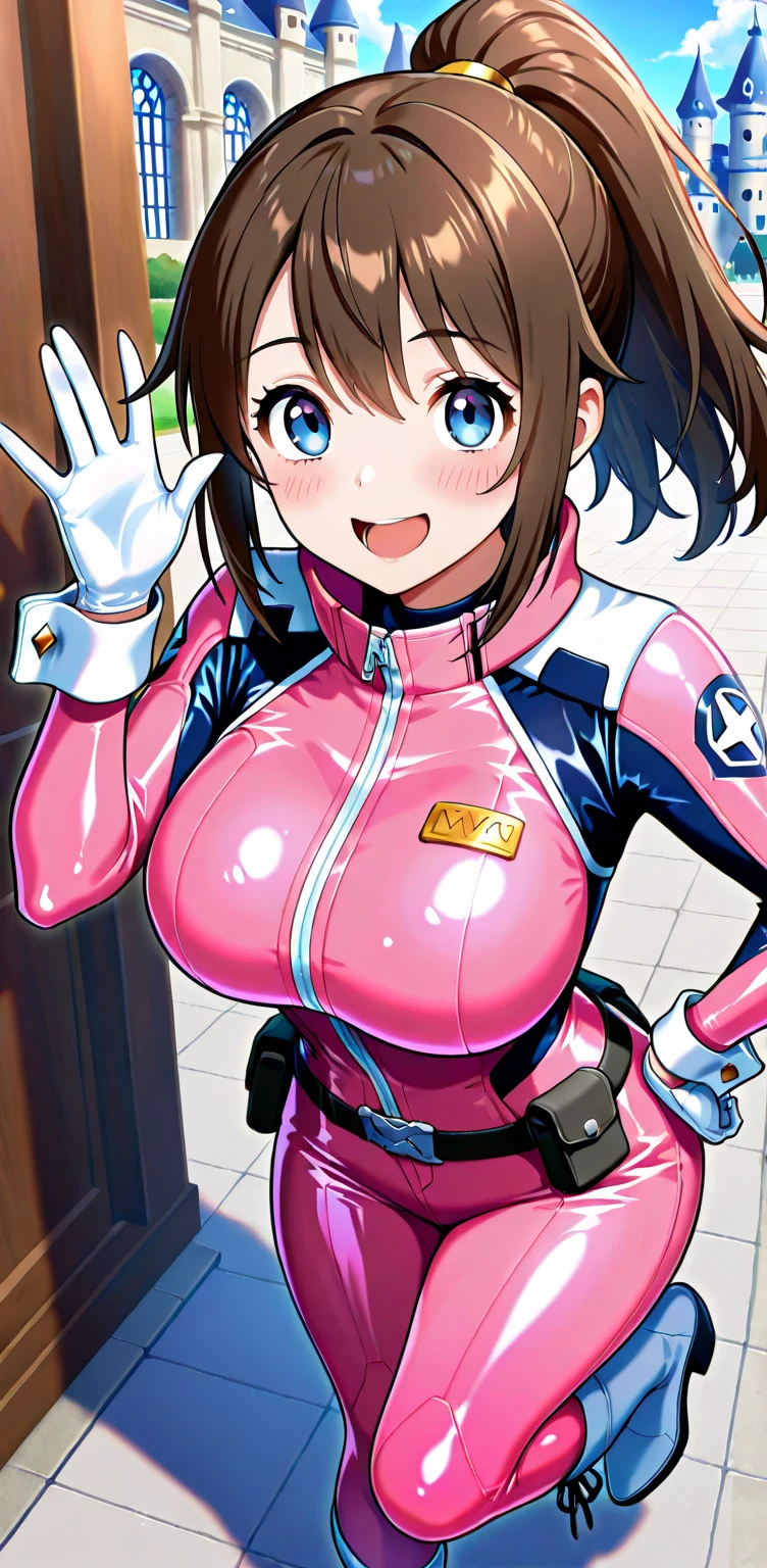 best quality, masterpiece, 1girl , <lora:haradamakoto-nvwls-v1-final:1> haradamakoto, green eyes (pink bodysuit:1.1), belt, thigh boots, huge breasts spacesuit, spacecraft, <lora:detail_slider_v4:5> bokeh,