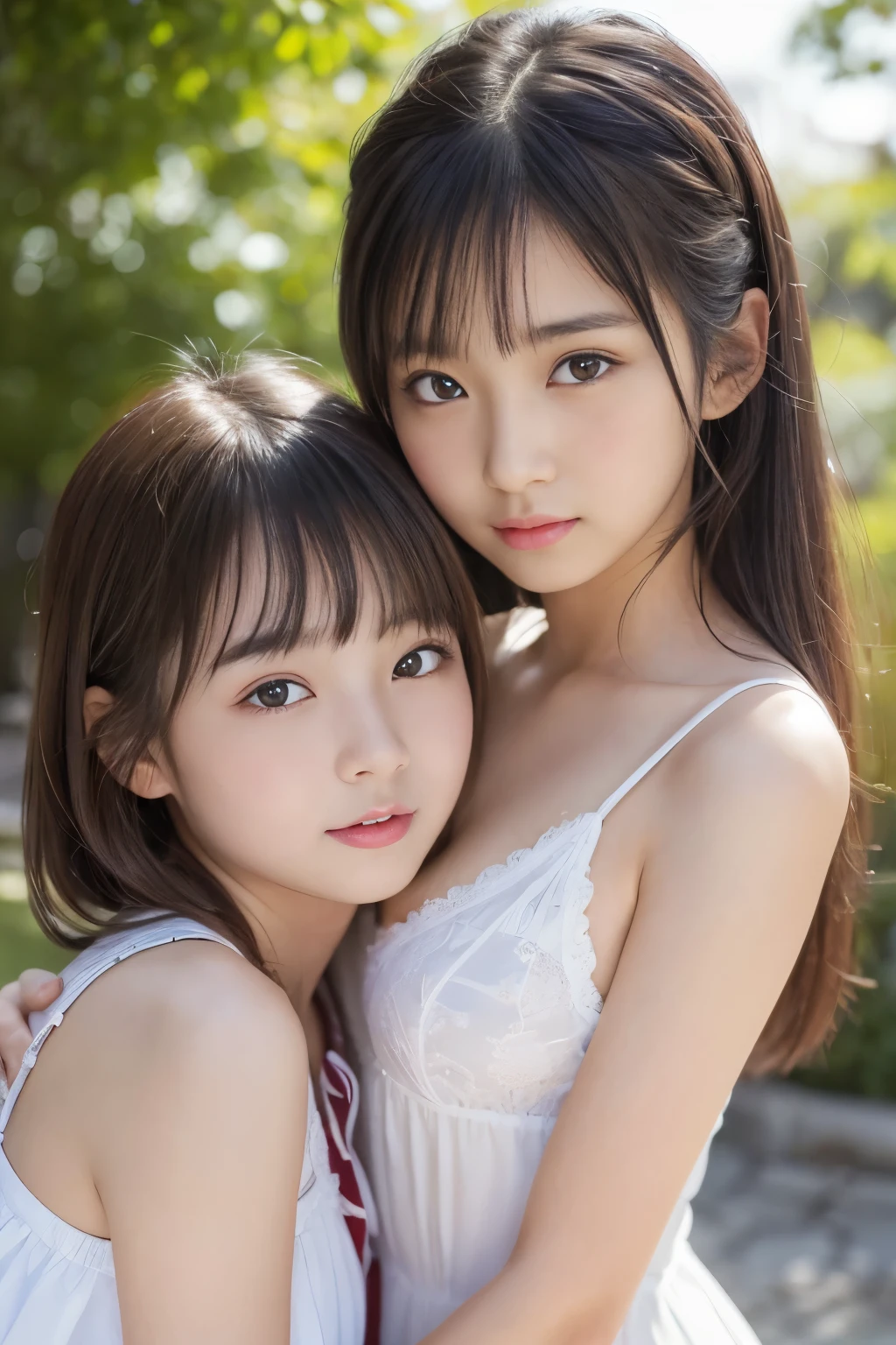 pieces fly, highest quality, ((highest quality、8k、masterpiece:1.3))、ultra high resolution、Physically based rendering、(realistic：1.37)、完璧な体の美しいtwo women:1.4、slim belly:1.2、Highly detailed face and skin texture、 red cheeks、white skin、thin waist,thin legs、highest quality,Super detailed,masterpiece,very beautiful 12 year old girl, (cute:1.2),perfect shiny skin,perfect skin,((Accurate hand without discomfort)), (brown hair),(short bob hair),(((full nude)))、smile、((stand in a flower field))、(((two women)))、((put your hands behind your head))
