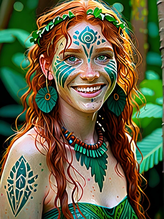 Color ink pen hand drawing, vector graphics design, (cute woman), copper hair, (savage, jungle, tribal, wet), (marks, tatoo), small breasts, barefoot, rainforest, rain, downpour, from above