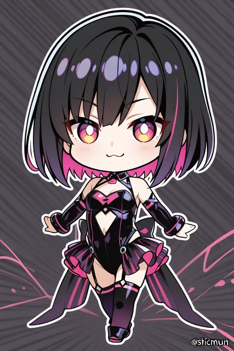 <lora:Kurama013:0.5>,<lora:blindbox_v1_mix:1>,chibi,
amaruK,solo,
short hair,multicolored hair,two-tone hair,purple hair,black hair,colored inner hair,pink hair,hair between eyes,bangs,
makeup,eyeshadow,eyelashes,eyeliner,multicolored eyes,purple eyes,pink eyes,lipstick,
black choker,
strapless,black leotard,bare shoulders,collarbone,cleavage,navel,
single glove,