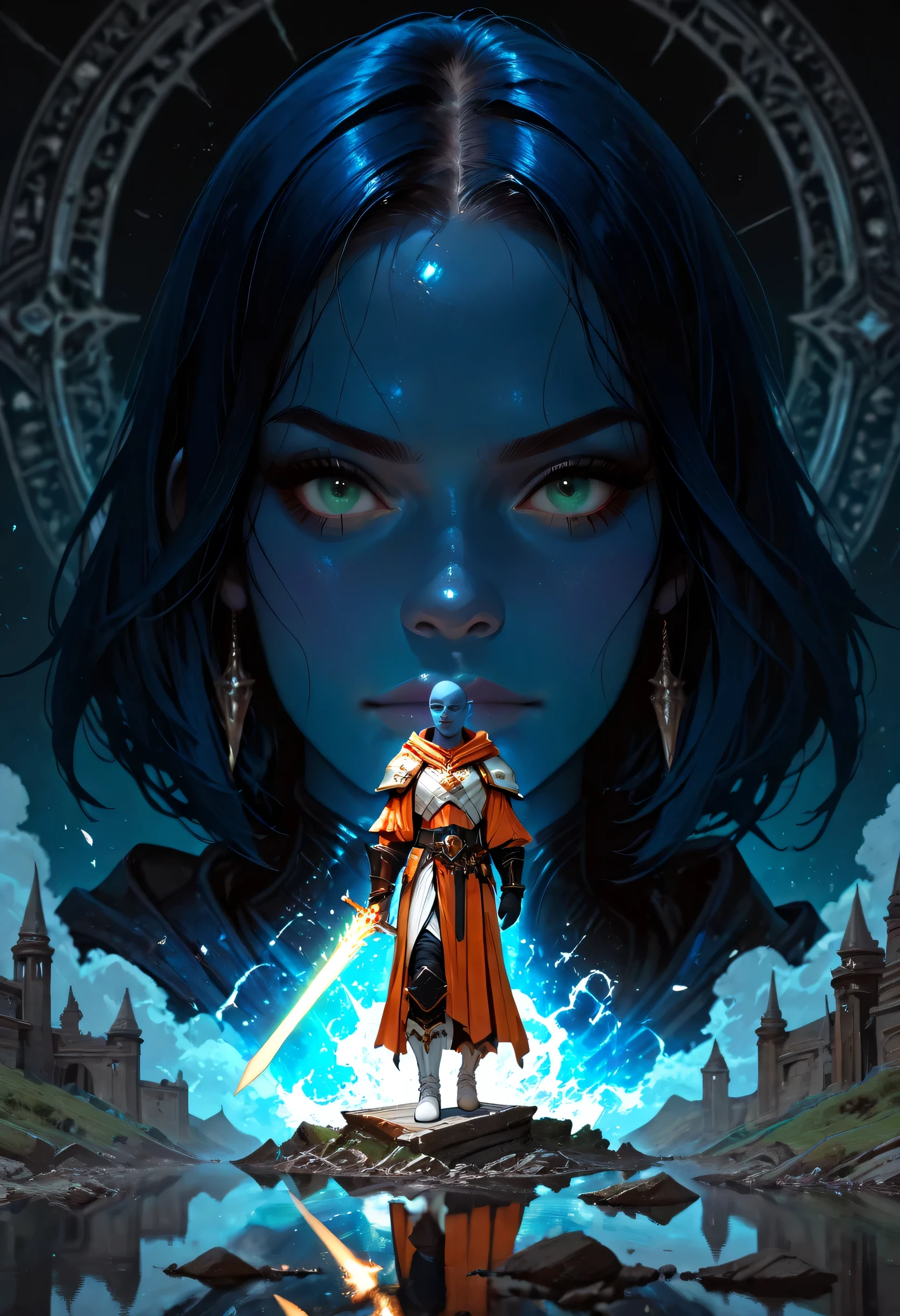 portrait of a vedalken female cleric ((dark blue skin: 1.5)), intense details facial details, exquisite beauty, cleric, (dark blue skin: 1.5)) female, ((bald)), (((no ears: 1.5))), (green eyes: 1.3), armed with a radiant sword, wearing (twilight priestly combat vestments: 1.5), wearing white armor, wearing high heeled laced boots, wearing white armor, wearing an (orange cloak:1.3), wearing glowing holy symbol, fantasy art, dnd art, RPG art, wide shot, (masterpiece: 1.4) intense details, highly detailed, photorealistic, best quality, highres, within fantasy temple background, reflection light, high details, best quality, 16k, [ultra detailed], masterpiece, best quality, (extremely detailed), close up, ultra wide shot, photorealistic, RAW, fantasy art, dnd art, fantasy art, realistic art,((best quality)), ((masterpiece)), (detailed), perfect face, fantasy, Cinematic Shot, 