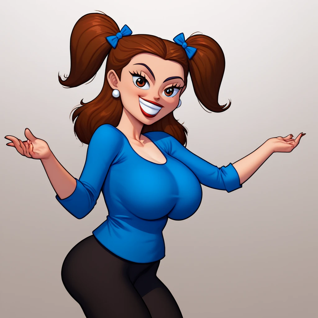 <lora:mrs_turner:1> mrs turner, large breasts, blue shirt, horny expression, looking at viewer, horny expression