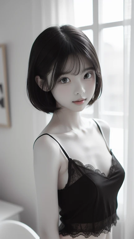 (masterpiece, best quality, (1girl:1.5), solo, intricate details, chromatic aberration), (realistic), (skin), ((breath)), yoru mac, short hair, bangs, (black eyes:1.5), blunt bangs, orange hair, bob cut, small earrings, sharp eyes, choker, (large breasts: 1.2), cleavage, ((black crop top, thin material, skirt)), open waist, (symmetry eyes), (perfect symmetrical body), night, (((natural light))), backlighting, against grey wall, dim lighting, look at viewer, (((centered shot, from front, face and waist))),
