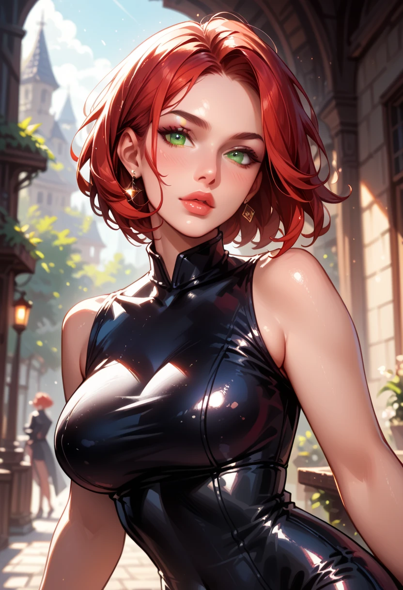 (high-level image quality), (high quality), (high resolution), (detailed), (masterpiece), beautiful woman, ((caucasian)), green eyes, red hair, short hair, dark red lipstick, black top, high leg leotard, strapless top, portrait, nsfw