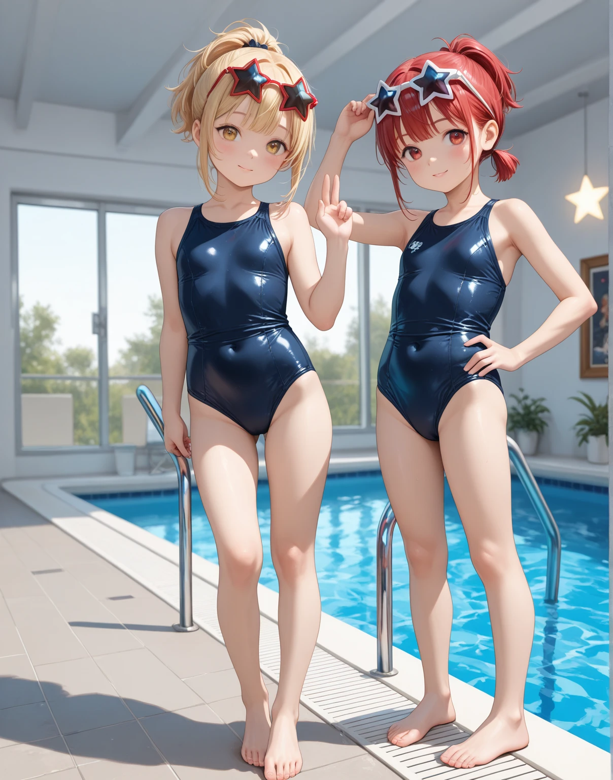 The ultra -The high-definition、high-level image quality、top-quality、Full feet and hands、complete fingers、Beautuful Women、1 persons、pinkhair、ssmile、Pink swimsuit、Niō Standing、Arms crossed
