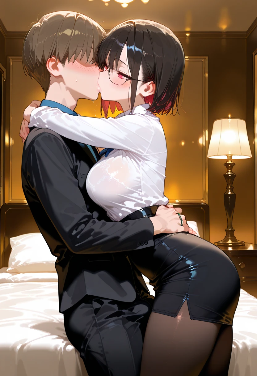 (man and woman kissing:1.6), (French kiss:1.6), (masterpiece, Best Quality, high resolution, nffsw, Perfect Pixel, depth of fields, 4K), , Perfect body, , (boy and girl:1.6), (2 human in picture:1.6) , jirou, short hair, purple hair, blunt bangs, sidelocks, , long earlobes, , pink shirt, torn shirt, black jacket, pants, , black choker,, (large boob:1.2) , nsfw,(ecstasy:1.3) ,(slut:1.2),(vulgarity:1.3),(fucked silly:1.1),(steam:1.1),(wet:0.8),(trembling:0.8),(tears:0.7) ,(drooling:0.6),(sweat:0.8), wince,(orgasm:1.5), , (nipples:1.4), , ,,(hardcore,sex:1.4), (blush:1.6) , bed room, night,